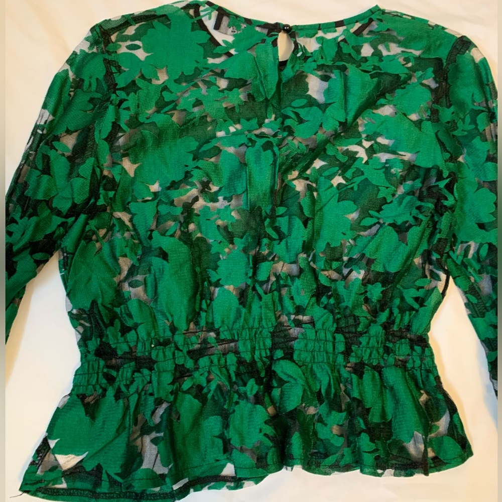 Green patterned sheer long bell sleeved Akira blouse